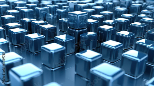 Cybernetic Matrix  Small Metallic Blue Cubes Forming a Network on a White Background - 3D Illustration. Generative AI