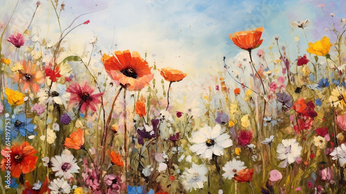 Painting with various colorful flowers in a meadow - generative AI, AI generated