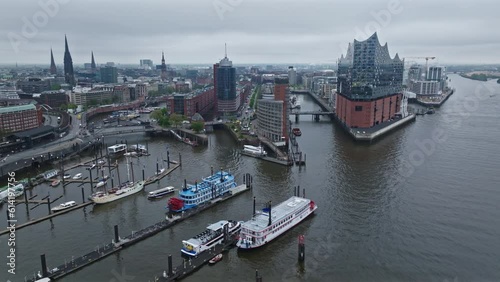 Drone shot of port of Hamburg on Elbe River , Germany photo