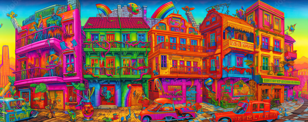 Fototapeta premium Colorful fantasy building illustration, fantasy color style, concept scene illustration,close up of a background