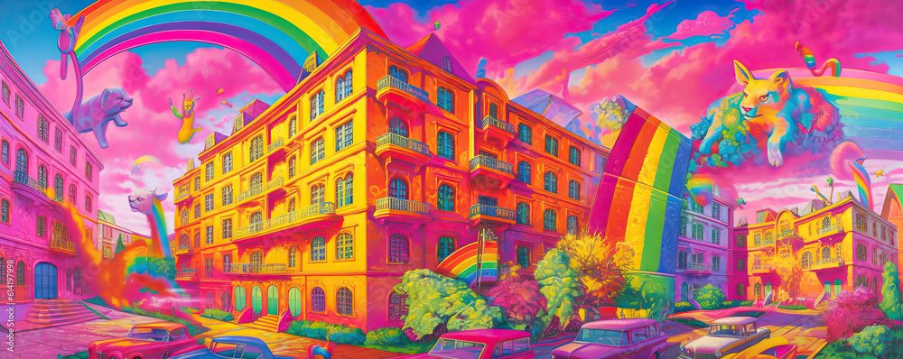 Colorful fantasy building illustration, fantasy color style, concept scene illustration,close up of a background