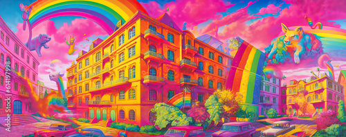 Colorful fantasy building illustration, fantasy color style, concept scene illustration,close up of a background © Moon