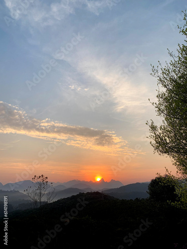 Sun rising in the mountains. Sunrise in the countryside on Autumn.