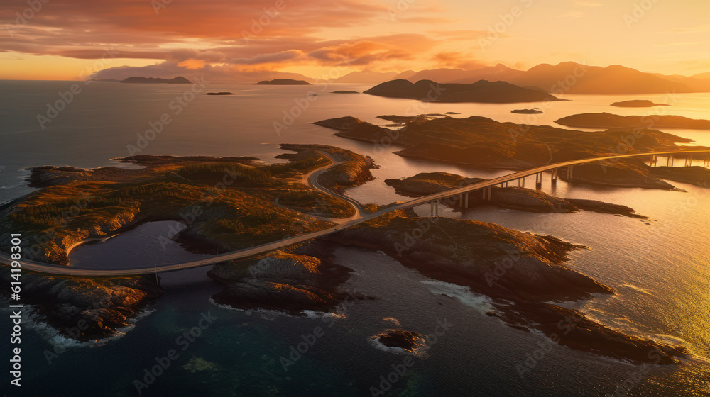Norway's Coastal Symphony: Aerial Serenity on the Atlantic Road at Sunset. Generative AI