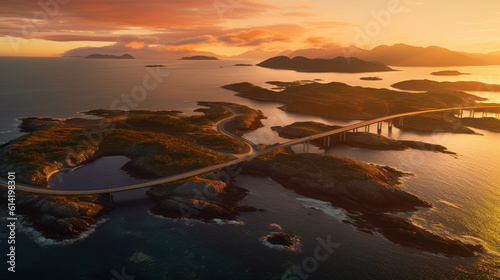 Norway's Coastal Symphony: Aerial Serenity on the Atlantic Road at Sunset. Generative AI © Sascha