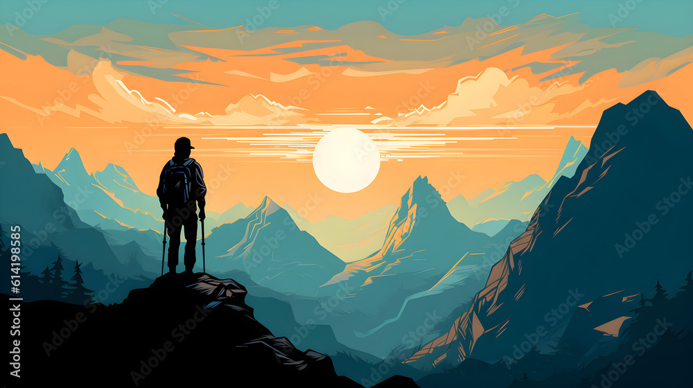 Summit Serenity: Illustration of a Hiker on a Mountain Peak with Breathtaking Views