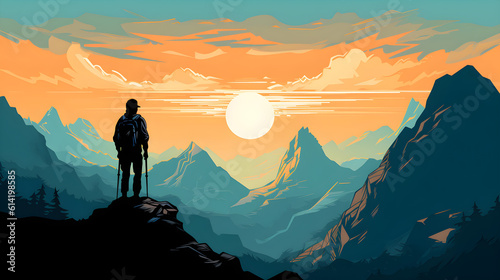 Summit Serenity  Illustration of a Hiker on a Mountain Peak with Breathtaking Views