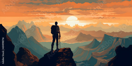 Summit Serenity: Illustration of a Hiker on a Mountain Peak with Breathtaking Views