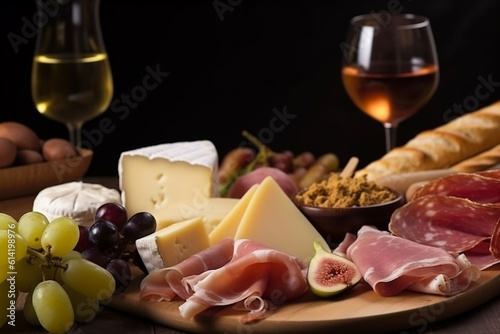 Plate of cheese and delicatessen with wine. Generative AI