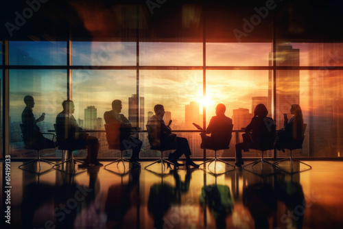 Silhouettes of business people meeting in conference hall. Businessmen teamwork planning strategy in office. Created with Generative AI