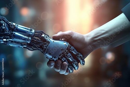 Ai or artificial intelligence vector concept with ai robot handshake with human. innovation. Generative ai