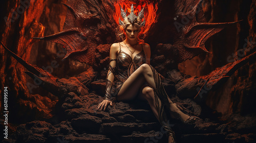 Generative AI. An exquisitely attractive and intricately adorned female devil seated upon the throne within a grand castle, surrounded by numerous enigmatic characters