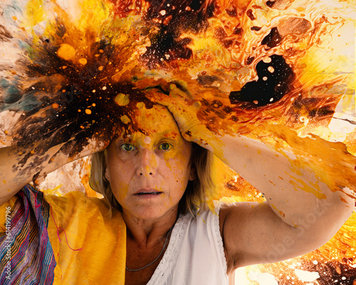 Young woman with her hands on her head and an explosion of ideas. Created using generative AI tools