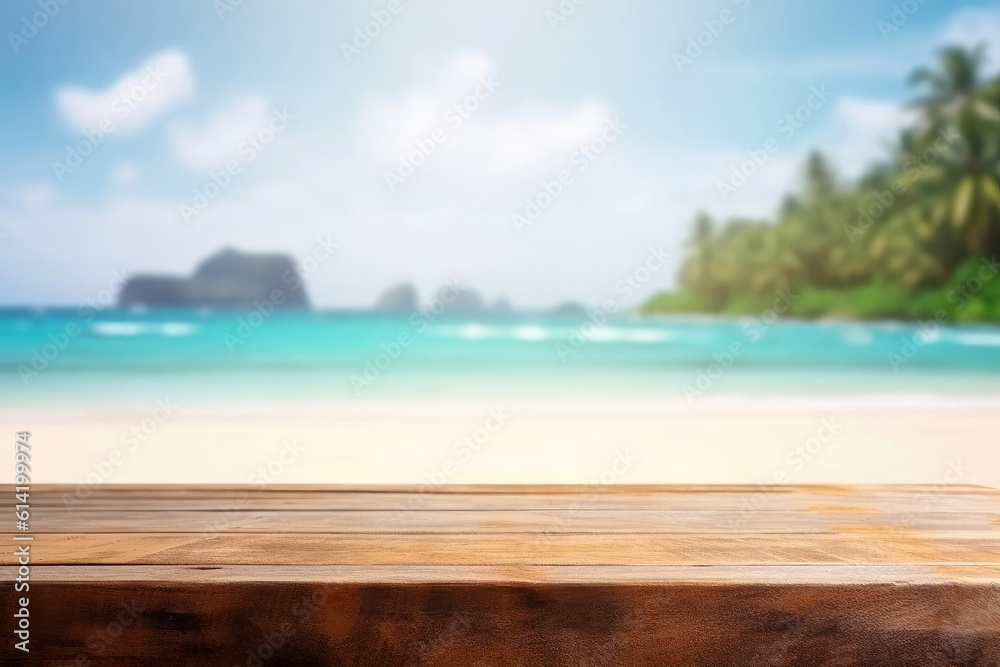 Empty wooden table with blurred tropical island beach background (Generative AI)