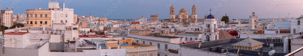 Panorama of Cadiz and the Cathedral of the Holy Cross at sunset.