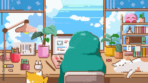 Cozy Pixel Art LoFi Banner. 8bit Girl in Blanket with Laptop, Geek and Gamer Elements in a Comfy Room with Cats and Starry Sky View. Perfect for Social Media Decor, Banner, Poster or Gaming Design. 