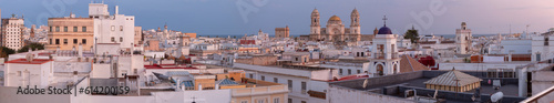Panorama of Cadiz and the Cathedral of the Holy Cross at sunset. © pillerss