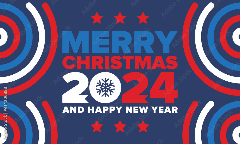 Merry Christmas and Happy New Year 2024. Magic holiday poster with snowflake. Winter celebration event. Christmas party. Congratulation card. Festive design template. Vector illustration
