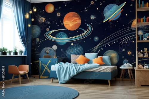 Space theme. Creative and bright eco design of a children's room. Bright fantasy wallpaper on the wall of baby room. 