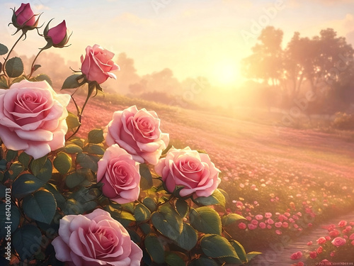 rose flowers background with morning landscape ,generative ai
