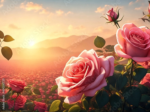 rose flowers background with morning landscape ,generative ai