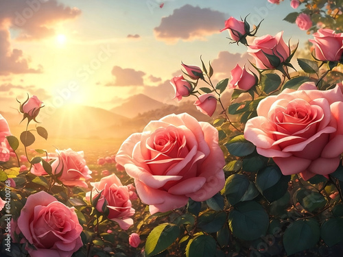 rose flowers background with morning landscape ,generative ai