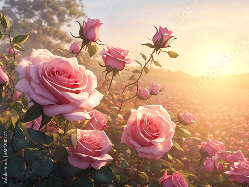 rose flowers background with morning landscape ,generative ai