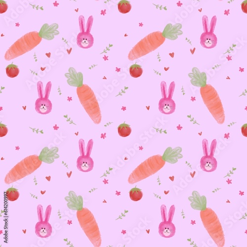 seamless pattern carrot tomato pink rabbit fabric