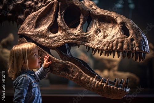 Child looking at a dinosaur skeleton in a museum, field trip, education. Generative AI © Sunshower Shots