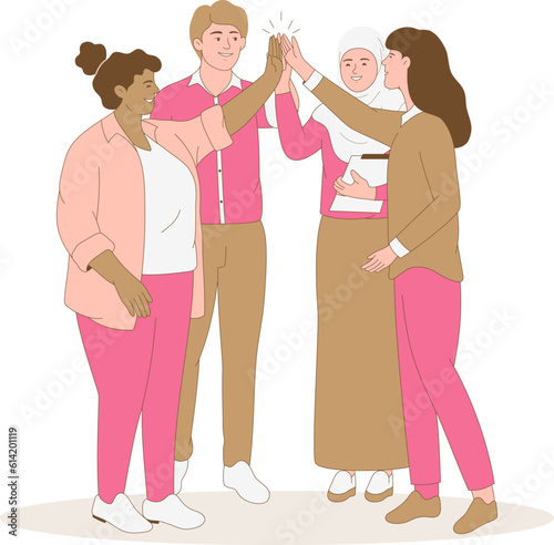 Group of business professionals giving high-five, cartoon character illustration
