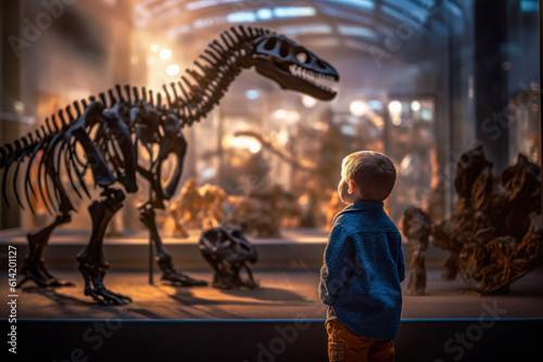 Child looking at a dinosaur skeleton in a museum, field trip, education. Generative AI © Sunshower Shots