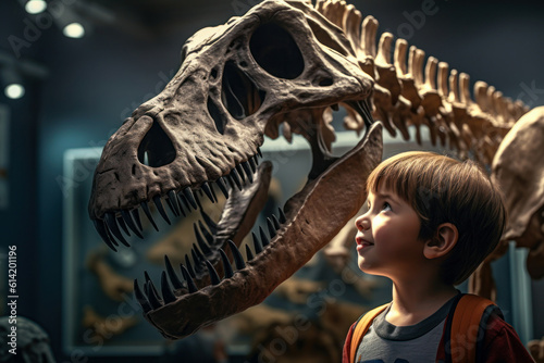 Child looking at a dinosaur skeleton in a museum, field trip, education. Generative AI