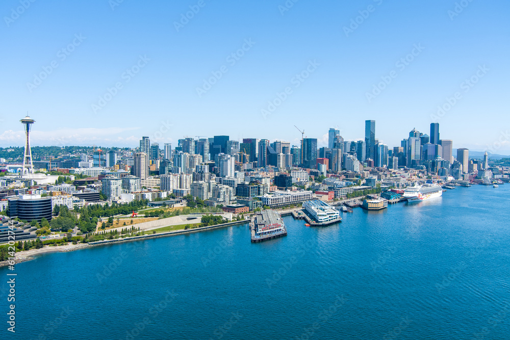 The Seattle, Washington waterfront skyline on a sunny day in June