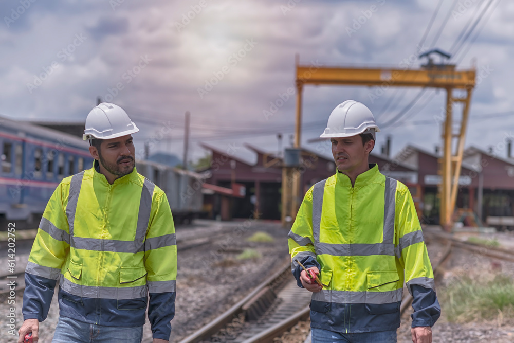 construction workers at work. worker with helmet. Two Engineer stand and sitting on railway inspection. construction worker on railways. Engineer work on Railway. Rail, engineer, Infrastructure. construction workers at work. worker with helmet. Two Engineer stand and sitting on railway inspection. construction worker on railways. Engineer work on Railway. Rail, engineer, Infrastructure.