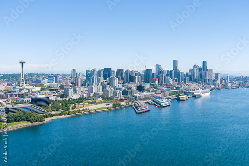 The Seattle  Washington waterfront skyline on a sunny day in June