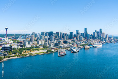 The Seattle  Washington waterfront skyline on a sunny day in June