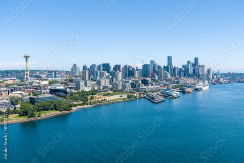 The Seattle, Washington waterfront skyline on a sunny day in June