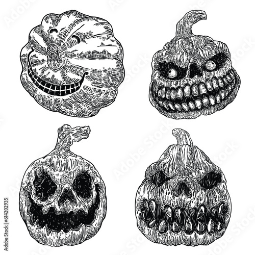 Smiling evil pumpkin set. Jack o lantern for Halloween hand drawing set of carved pumpkin. Holiday celebration, spirits and demons autumn symbol. Infernal and mystical candlelight. Vector.