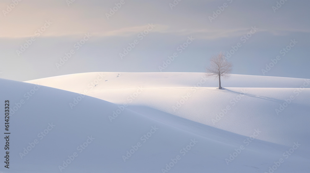 Winter's Tranquility: A Minimalist Tree in a Snowy Landscape. Generative AI