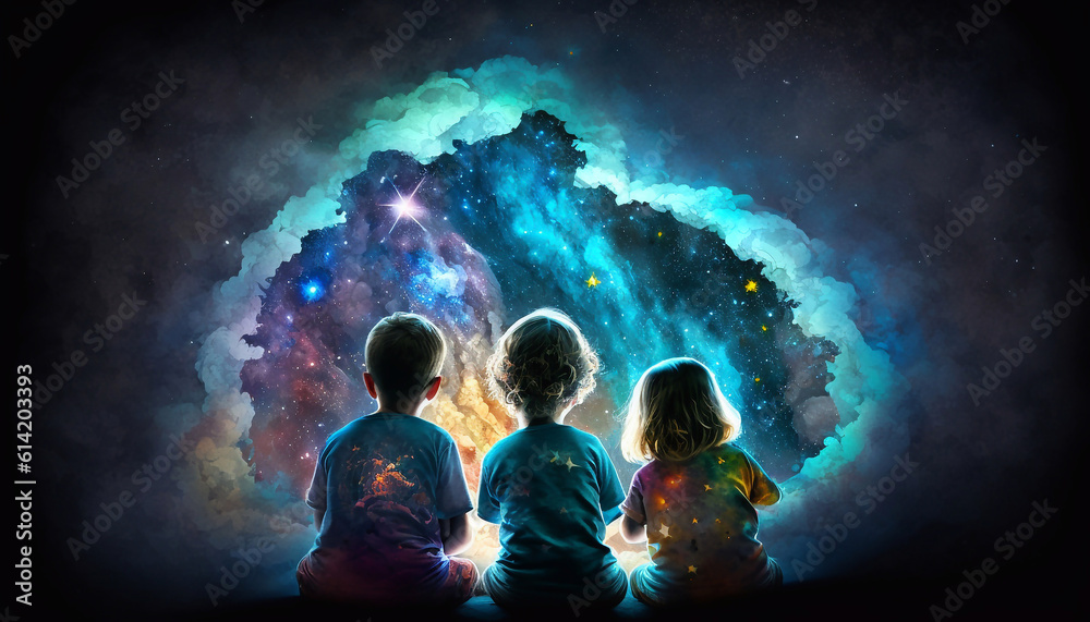 Three children look into the portal to the star universe