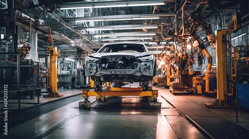 a car on a lift in a factory. Generative AI Art. photo