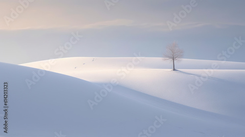 Winter's Tranquility: A Minimalist Tree in a Snowy Landscape. Generative AI