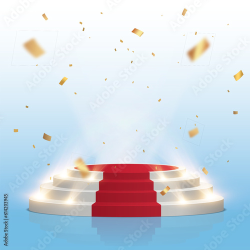 Empty white stage with red carpet and with gold confetti. Winner vector background