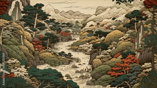 Ukiyo-e style ink illustration of a river running through a wooded valley in Japan