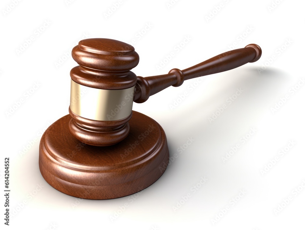 A wooden judge gavel and soundboard isolated on white background. Generative AI.