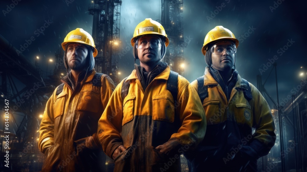 industry team Engineers of oil rigs, petrochemical, electricity, three ...