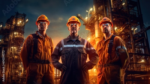 industry team Engineers of oil rigs, petrochemical, electricity, three people, arms crossed, background, petrochemical, electric, gas rig.
