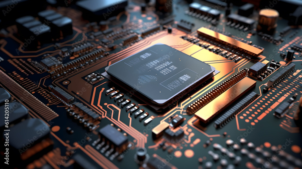 Close-up of electronic circuit Motherboard. Generative AI Close-up of electronic circuit Motherboard. Generative AI
