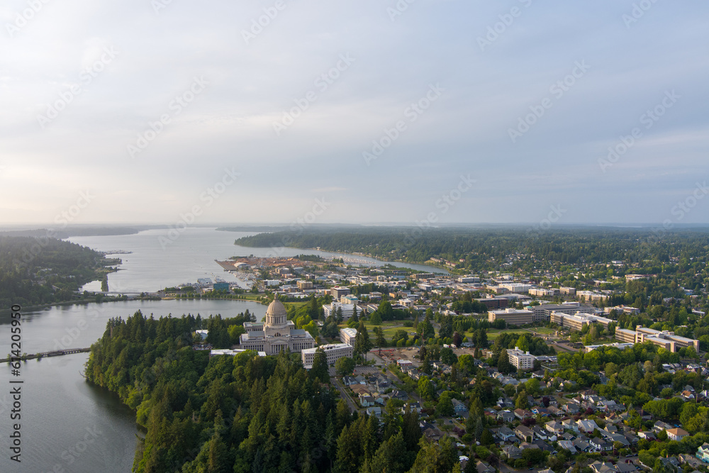 Aerial view of Olympia at sunset
