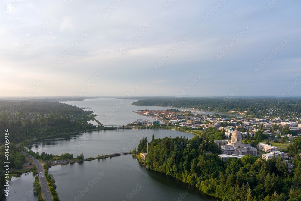 Aerial view of Olympia at sunset